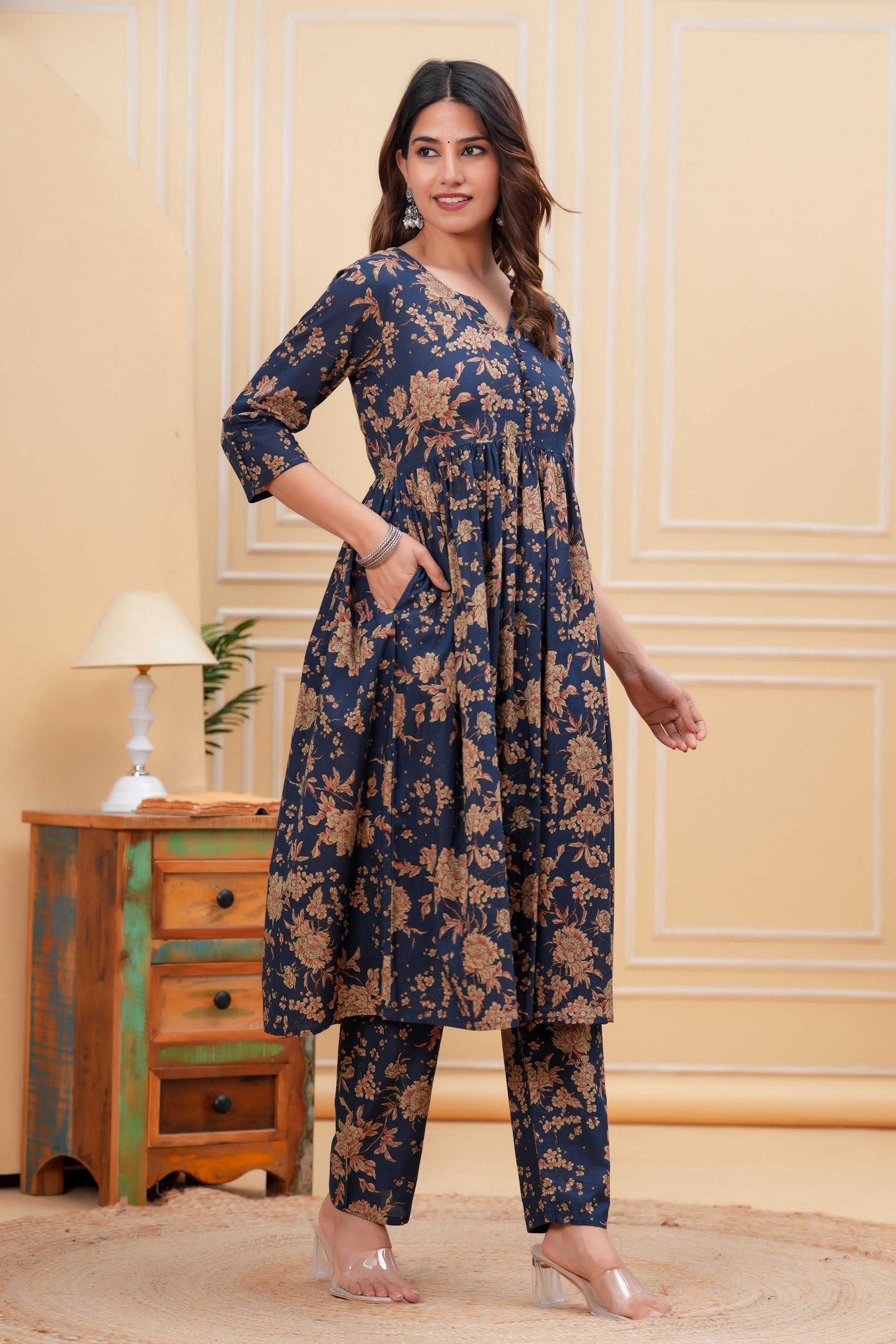 Navy Blue Printed Anarkali Kurta Set With Dupatta For Women | LASVINI - Redefining Indian Fashion with Elegance