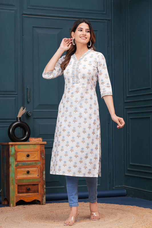Off White Printed Straight Kurta with Three Quarter Sleeves | LASVINI - Redefining Indian Fashion with Elegance