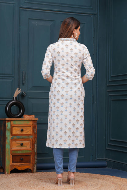 Off White Printed Straight Kurta with Three Quarter Sleeves | LASVINI - Redefining Indian Fashion with Elegance