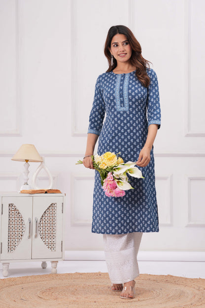 Women Blue Printed Straight Kurta with Three Quarter Sleeves | LASVINI - Redefining Indian Fashion with Elegance