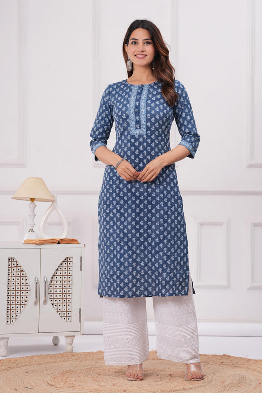 Women Blue Printed Straight Kurta with Three Quarter Sleeves | LASVINI - Redefining Indian Fashion with Elegance