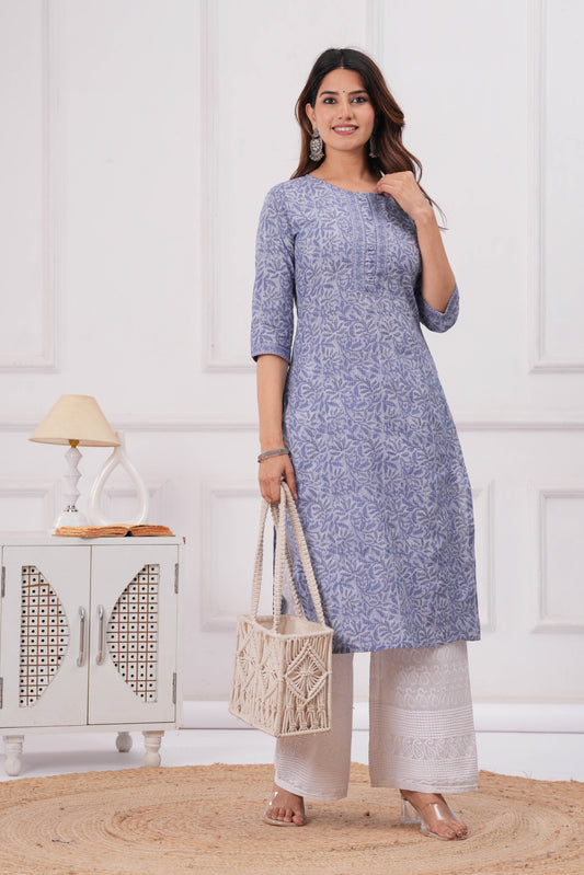 Women Blue Printed Straight Kurta with Three Quarter Sleeves | LASVINI - Redefining Indian Fashion with Elegance