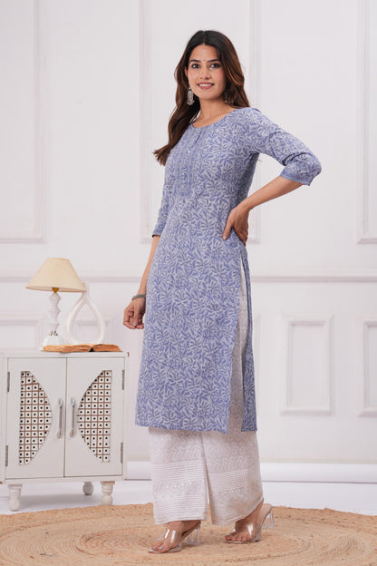 Women Blue Printed Straight Kurta with Three Quarter Sleeves | LASVINI - Redefining Indian Fashion with Elegance