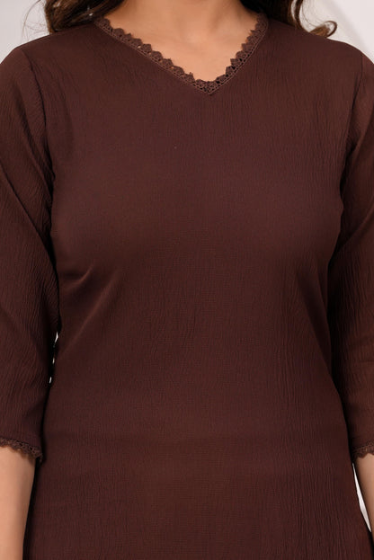 Brown Solid Kurta Set With Printed Dupatta For Women | LASVINI - Redefining Indian Fashion with Elegance