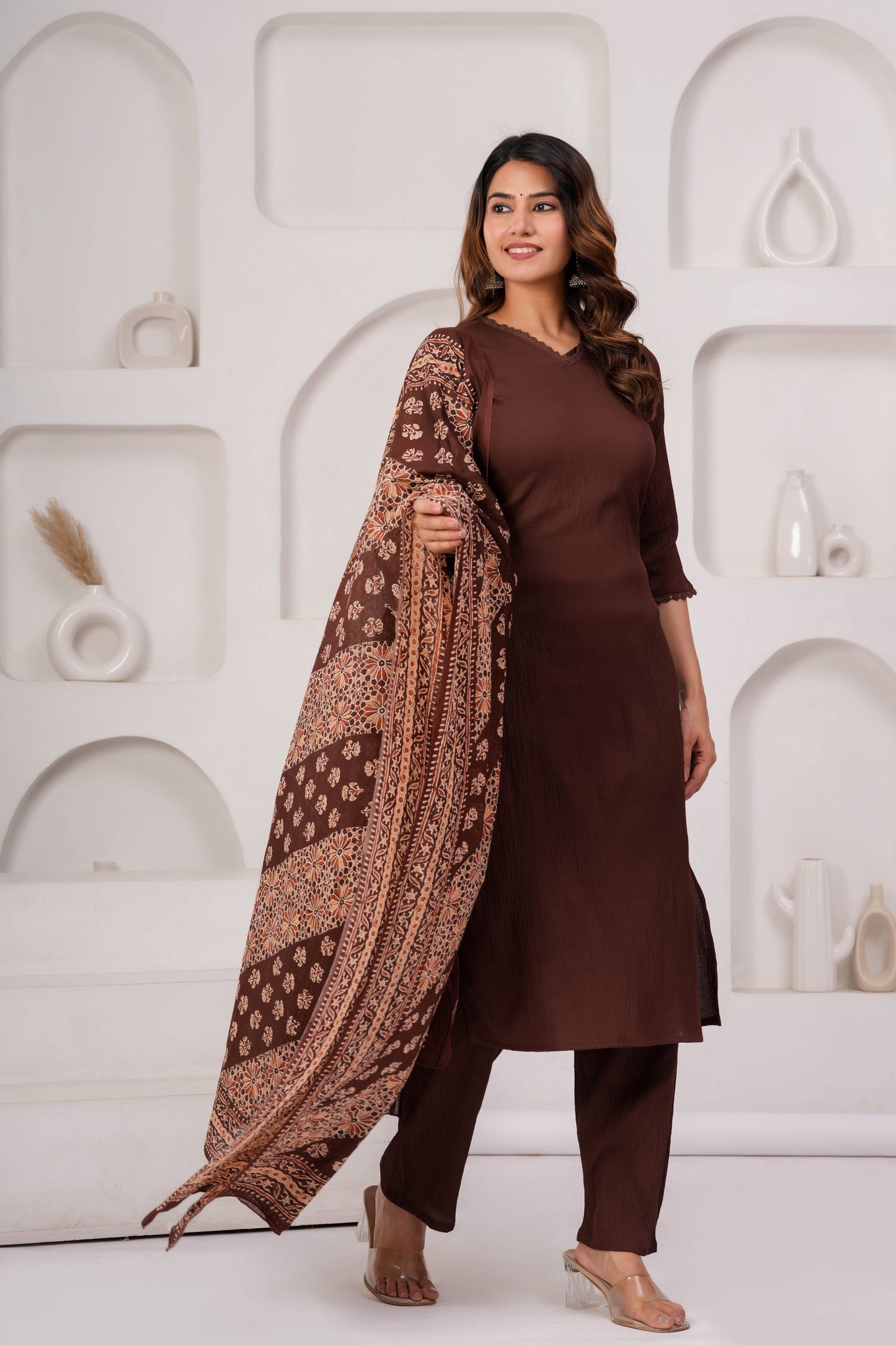 Brown Solid Kurta Set With Printed Dupatta For Women | LASVINI - Redefining Indian Fashion with Elegance