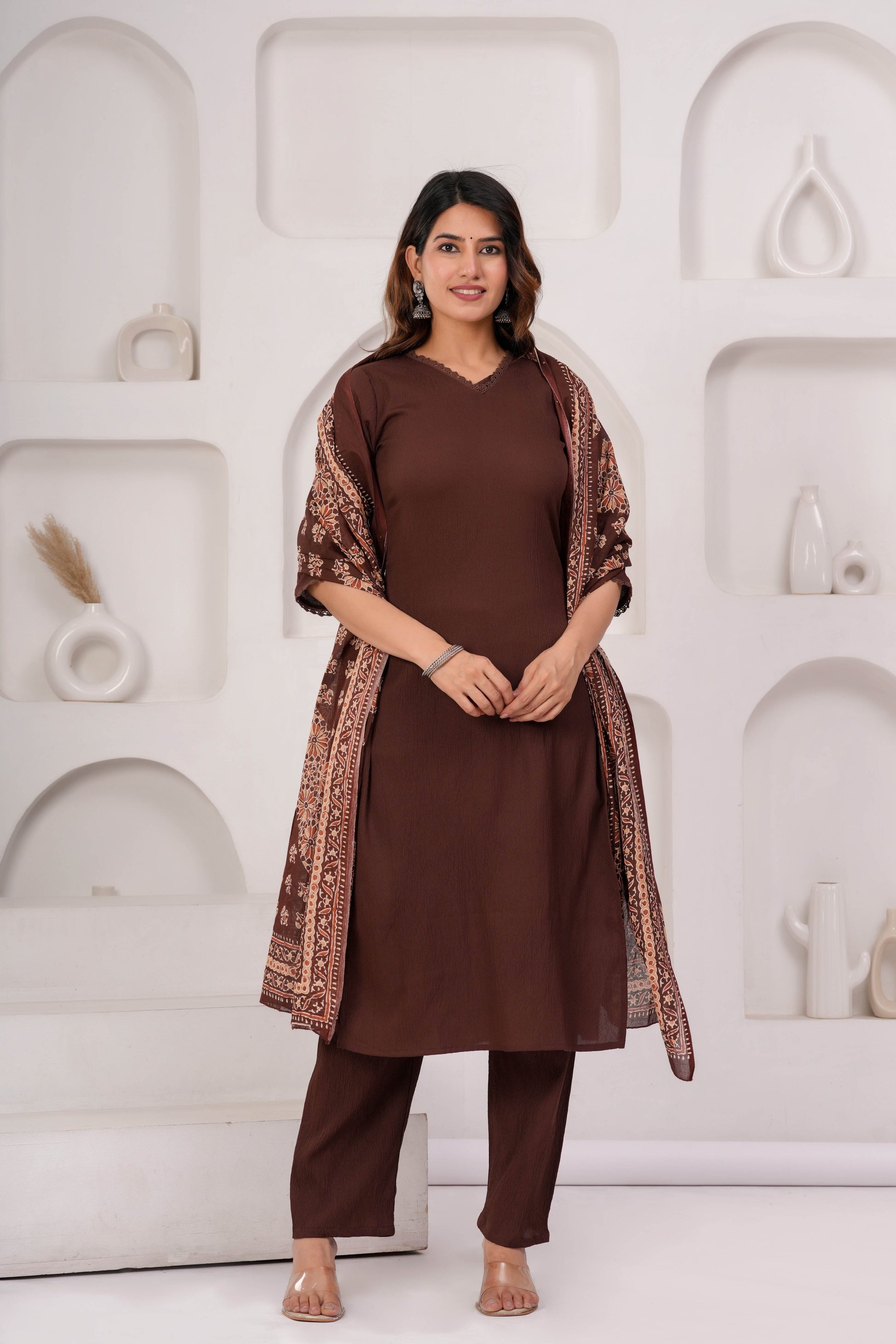 Brown Solid Kurta Set With Printed Dupatta For Women | LASVINI - Redefining Indian Fashion with Elegance