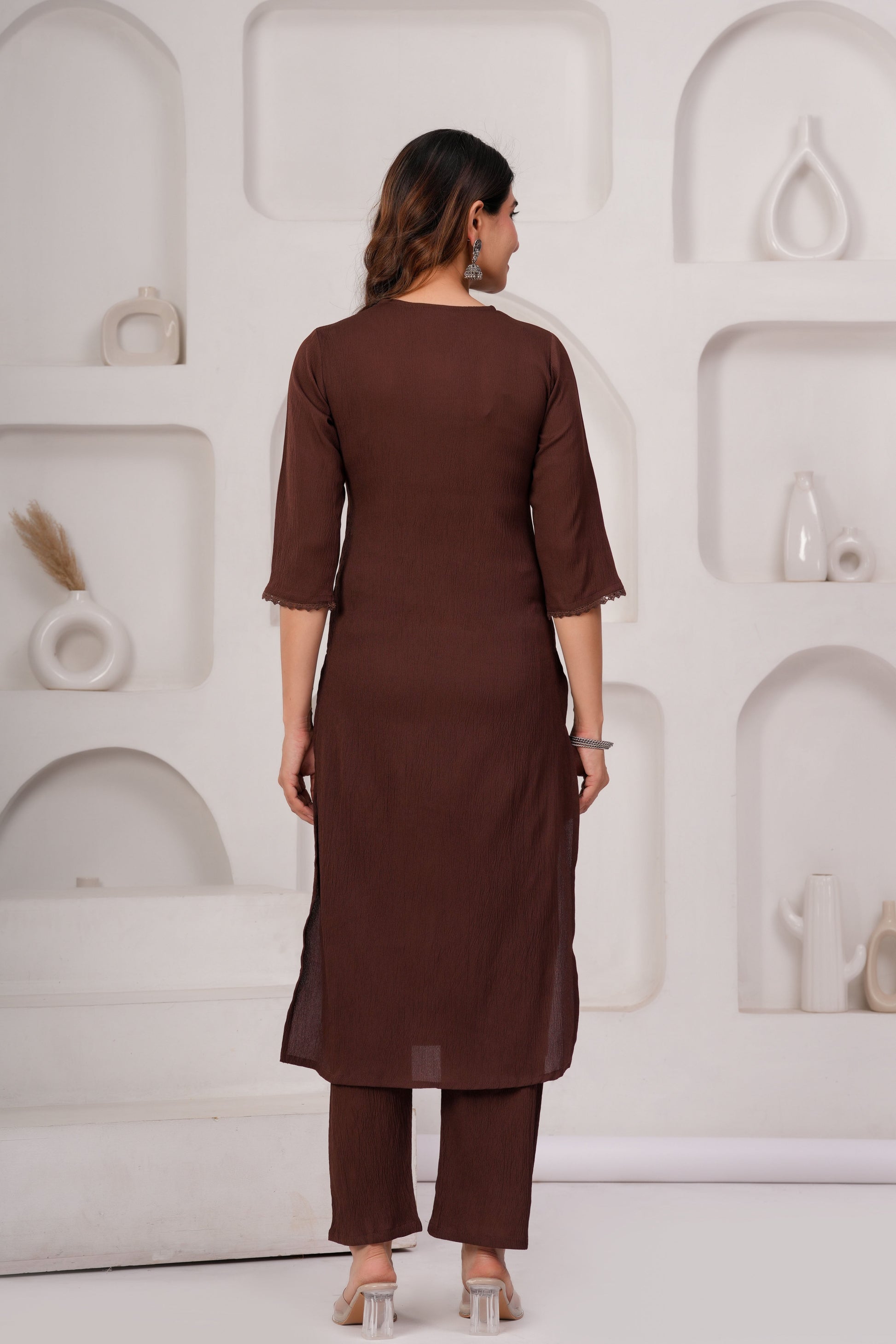 Brown Solid Kurta Set With Printed Dupatta For Women | LASVINI - Redefining Indian Fashion with Elegance