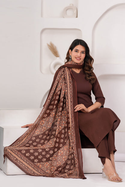 Brown Solid Kurta Set With Printed Dupatta For Women | LASVINI - Redefining Indian Fashion with Elegance