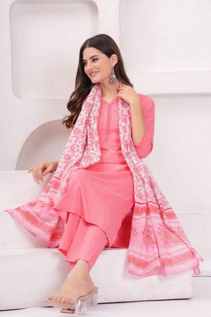 Pink Solid Kurta Set With Printed Dupatta For Women | LASVINI - Redefining Indian Fashion with Elegance