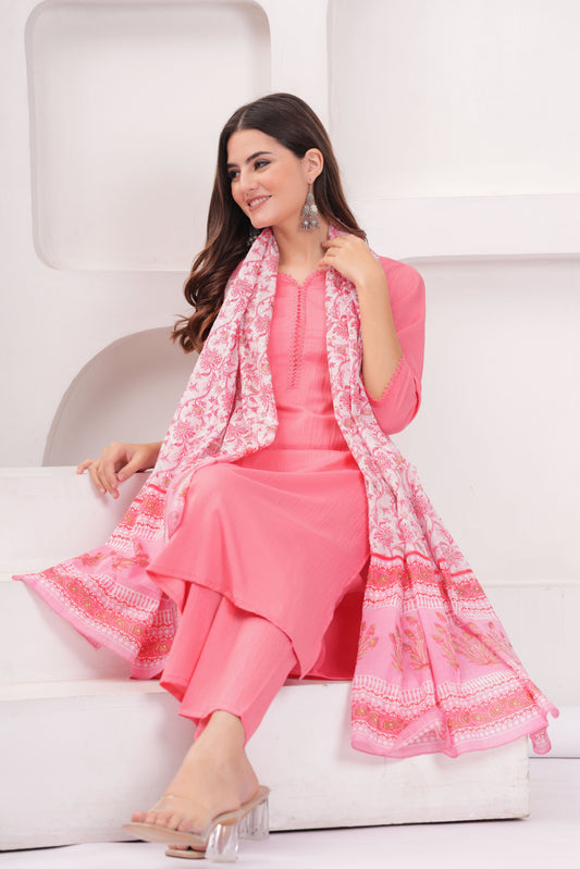 Pink Solid Kurta Set With Printed Dupatta For Women | LASVINI - Redefining Indian Fashion with Elegance