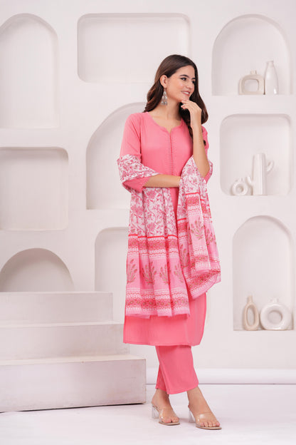 Pink Solid Kurta Set With Printed Dupatta For Women | LASVINI - Redefining Indian Fashion with Elegance