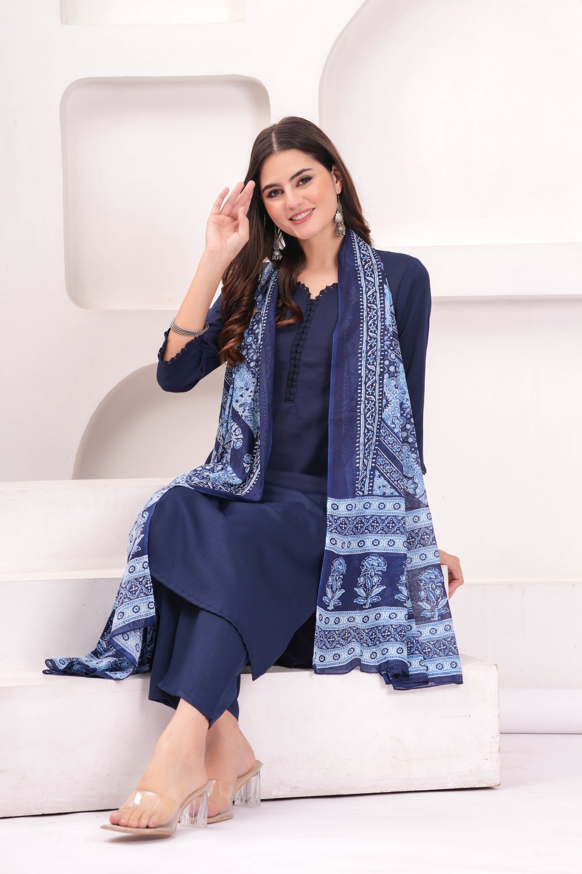 Navy Blue Solid Kurta Set With Printed Dupatta For Women | LASVINI - Redefining Indian Fashion with Elegance