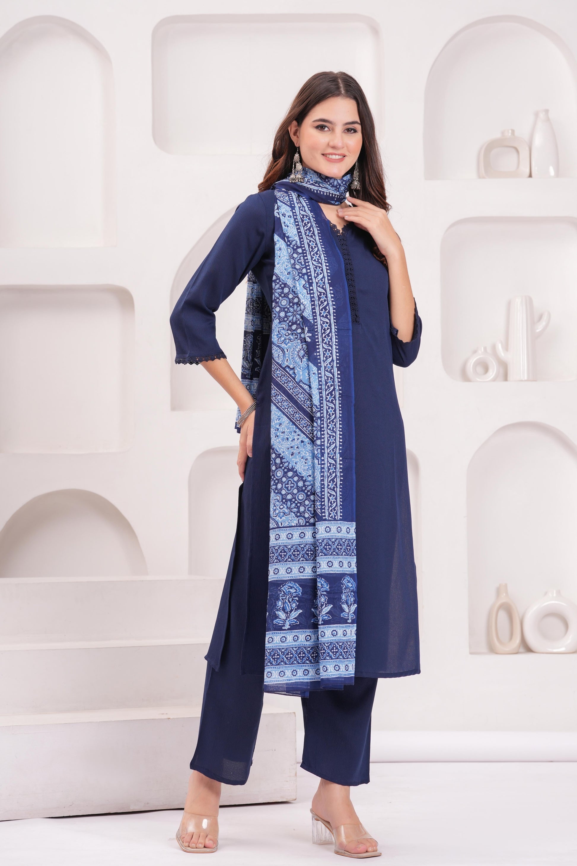 Navy Blue Solid Kurta Set With Printed Dupatta For Women | LASVINI - Redefining Indian Fashion with Elegance