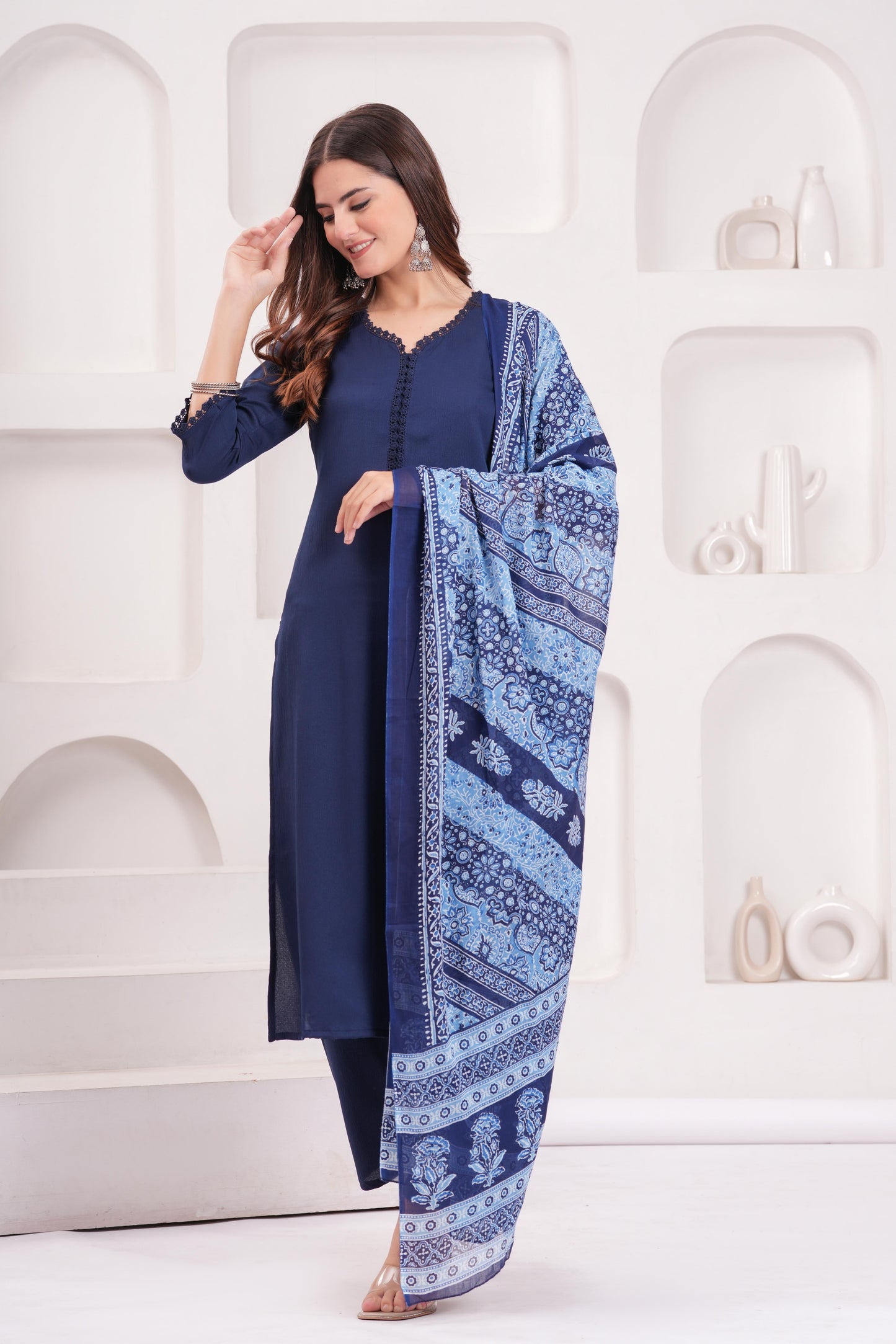 Navy Blue Solid Kurta Set With Printed Dupatta For Women | LASVINI - Redefining Indian Fashion with Elegance