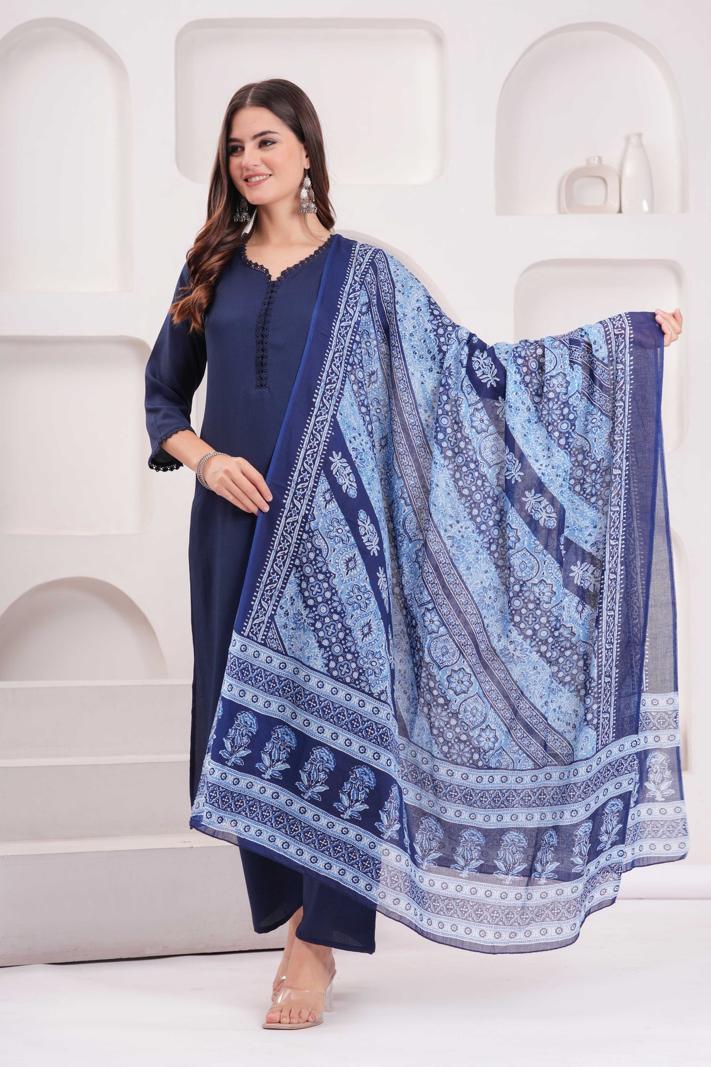 Navy Blue Solid Kurta Set With Printed Dupatta For Women | LASVINI - Redefining Indian Fashion with Elegance