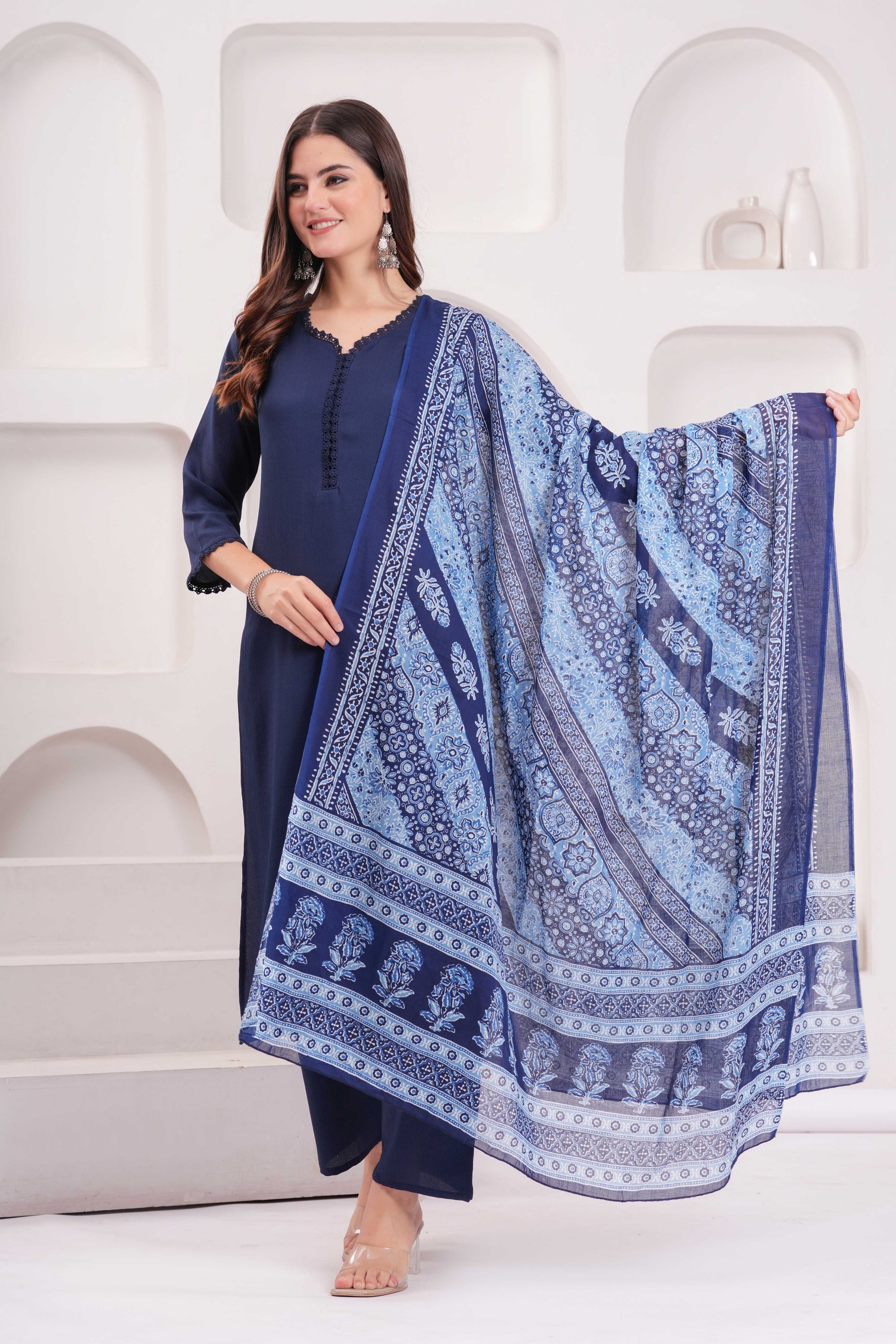 Navy Blue Solid Kurta Set With Printed Dupatta For Women | LASVINI - Redefining Indian Fashion with Elegance