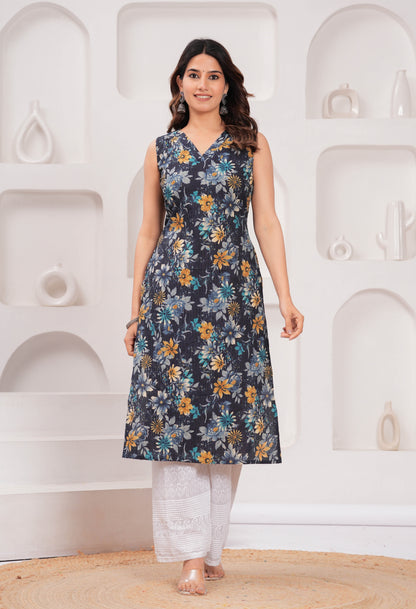 Women Navy Blue Printed Straight Sleeveless Kurta | LASVINI - Redefining Indian Fashion with Elegance