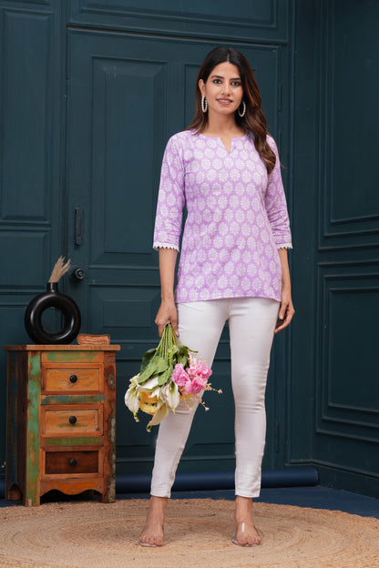 Women Lavender Printed Straight Tunic | LASVINI - Redefining Indian Fashion with Elegance