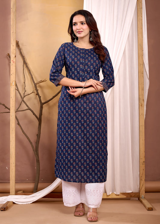 Women Navy Blue Printed Straight Kurta with Three Quarter Sleeves | LASVINI - Redefining Indian Fashion with Elegance