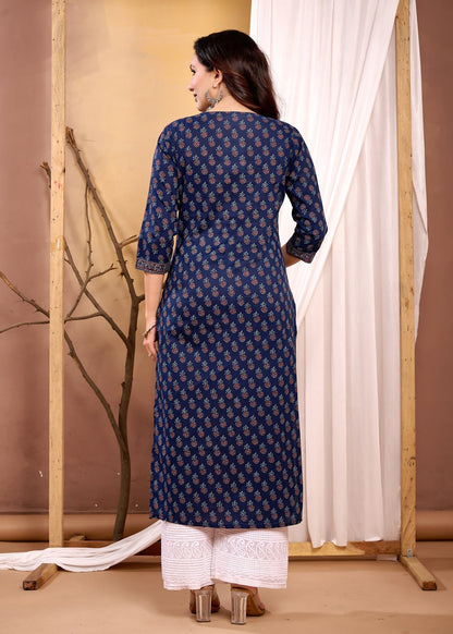 Women Navy Blue Printed Straight Kurta with Three Quarter Sleeves | LASVINI - Redefining Indian Fashion with Elegance