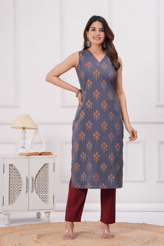 Women Grey Printed Straight Sleeveless Kurta | LASVINI - Redefining Indian Fashion with Elegance