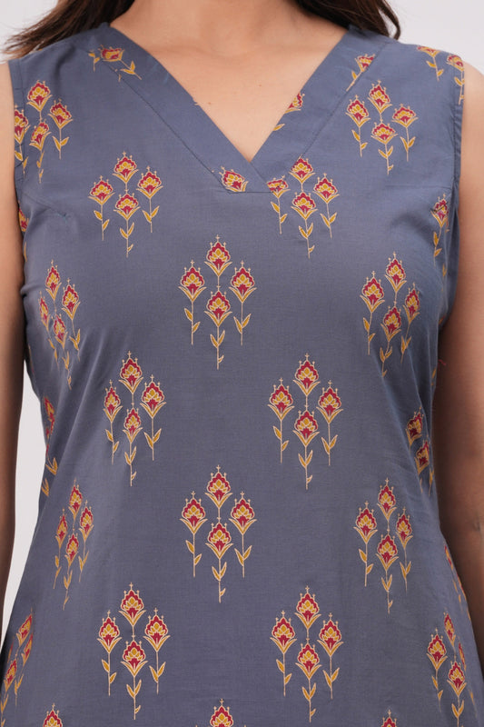 Women Grey Printed Straight Sleeveless Kurta | LASVINI - Redefining Indian Fashion with Elegance