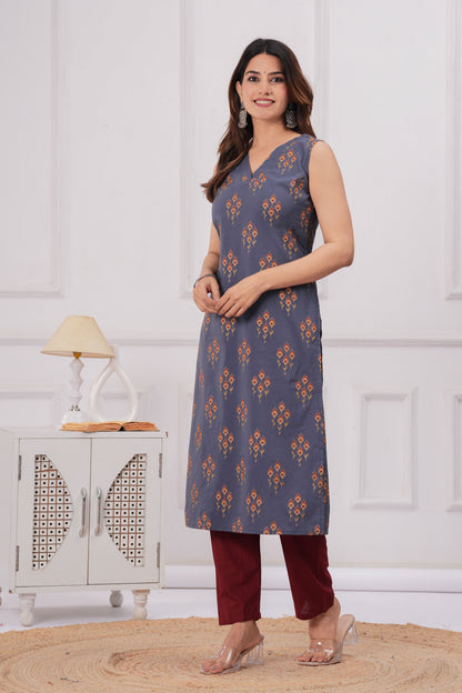 Women Grey Printed Straight Sleeveless Kurta | LASVINI - Redefining Indian Fashion with Elegance