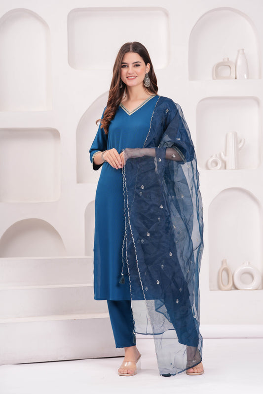 Teal Blue Solid Straight Kurta Set With Organza Dupatta for Women | LASVINI - Redefining Indian Fashion with Elegance