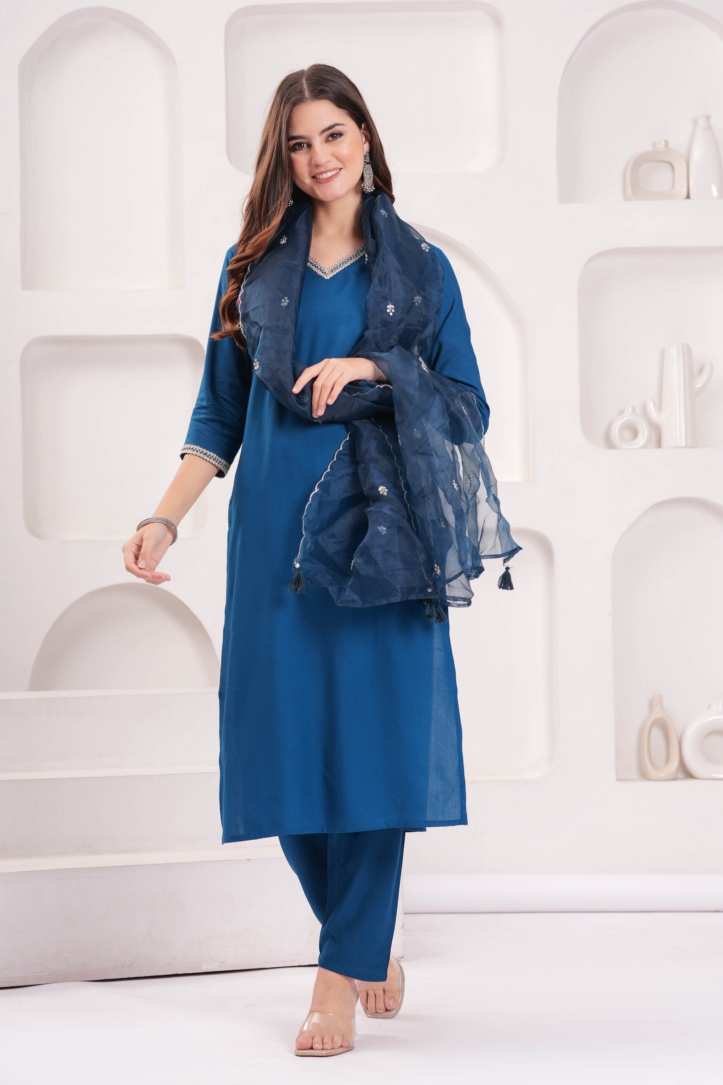 Teal Blue Solid Straight Kurta Set With Organza Dupatta for Women | LASVINI - Redefining Indian Fashion with Elegance