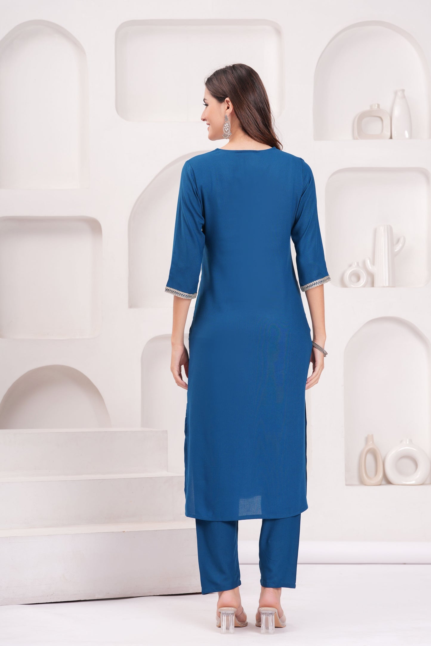 Teal Blue Solid Straight Kurta Set With Organza Dupatta for Women | LASVINI - Redefining Indian Fashion with Elegance