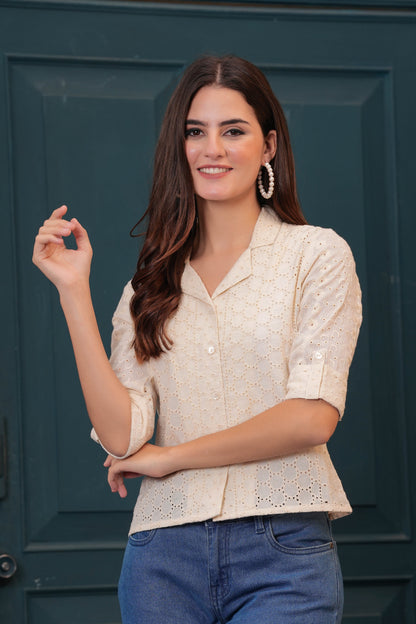 Women Off White Schiffli Cotton Straight Top | LASVINI - Redefining Indian Fashion with Elegance