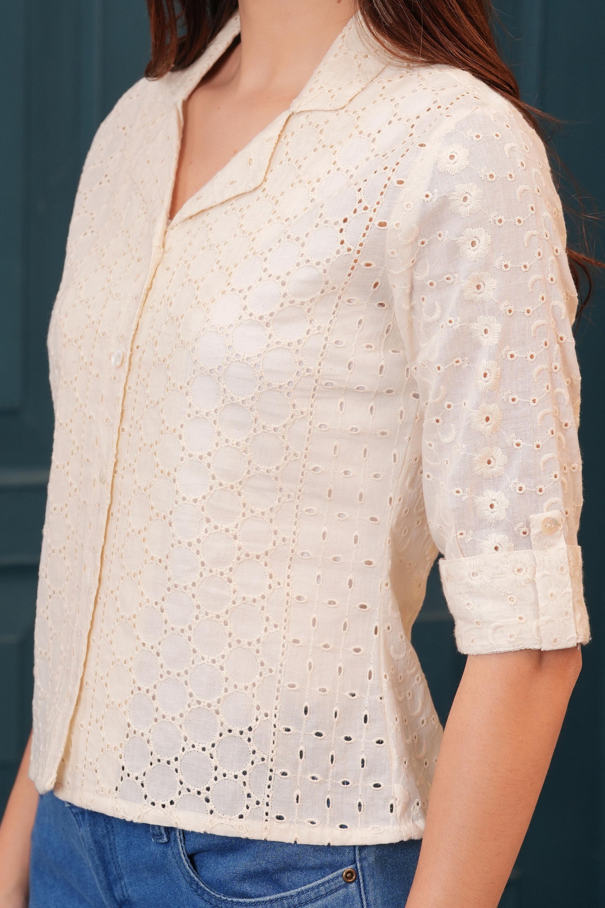 Women Off White Schiffli Cotton Straight Top | LASVINI - Redefining Indian Fashion with Elegance