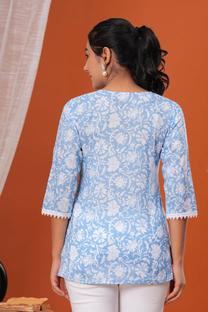 Women Blue Floral Printed Straight Tunic | LASVINI - Redefining Indian Fashion with Elegance