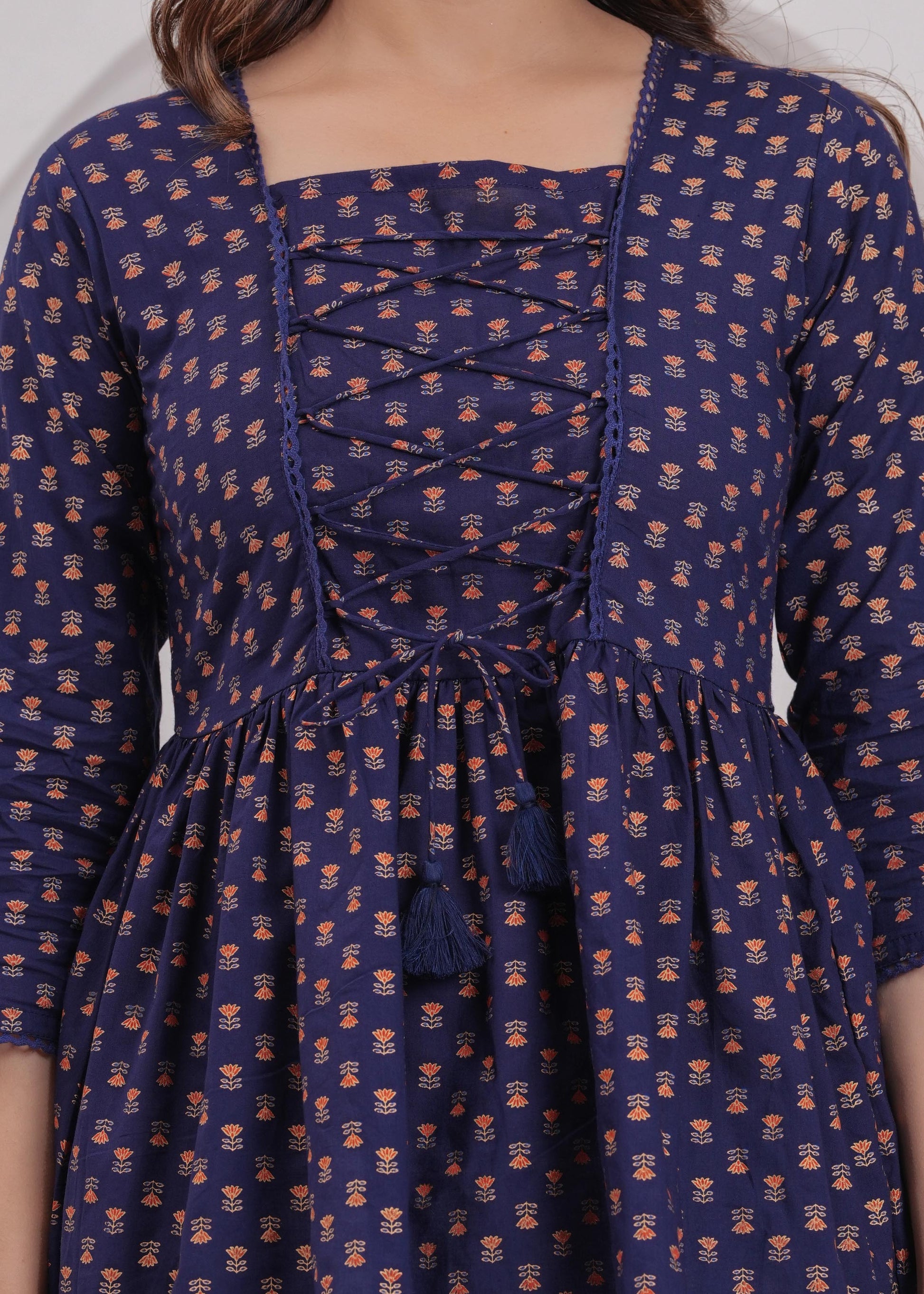 Women Navy Blue Printed Straight Top | LASVINI - Redefining Indian Fashion with Elegance