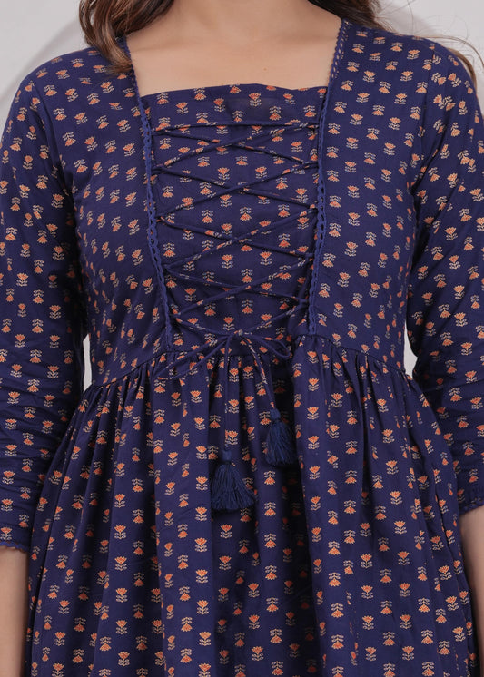 Women Navy Blue Printed Straight Top | LASVINI - Redefining Indian Fashion with Elegance