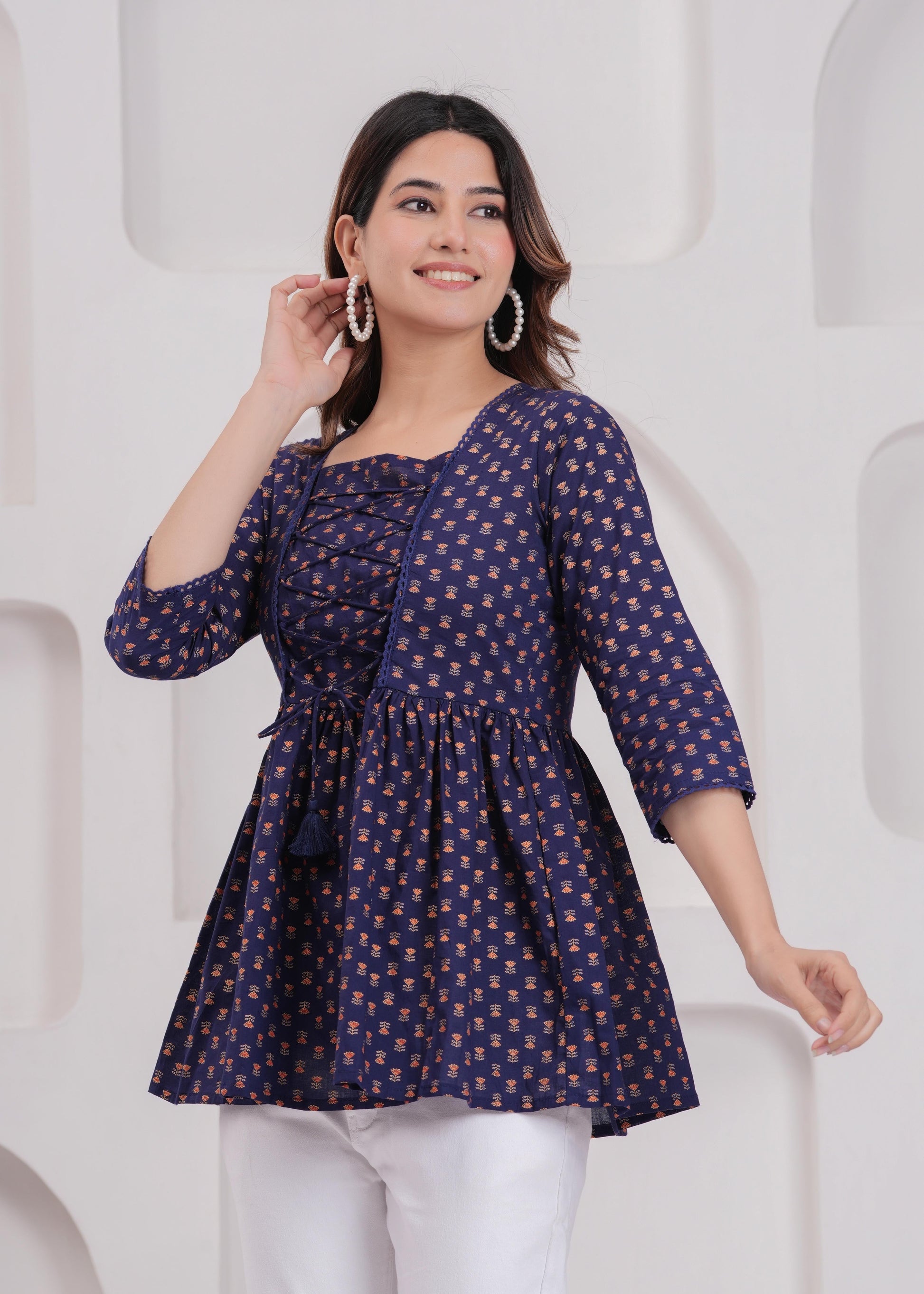 Women Navy Blue Printed Straight Top | LASVINI - Redefining Indian Fashion with Elegance