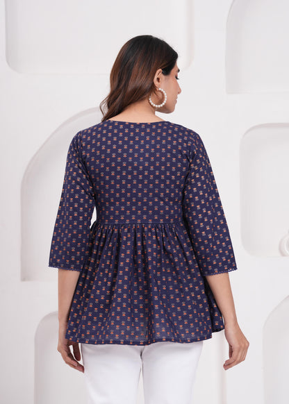 Women Navy Blue Printed Straight Top | LASVINI - Redefining Indian Fashion with Elegance