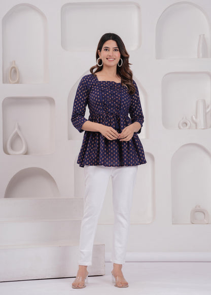 Women Navy Blue Printed Straight Top | LASVINI - Redefining Indian Fashion with Elegance