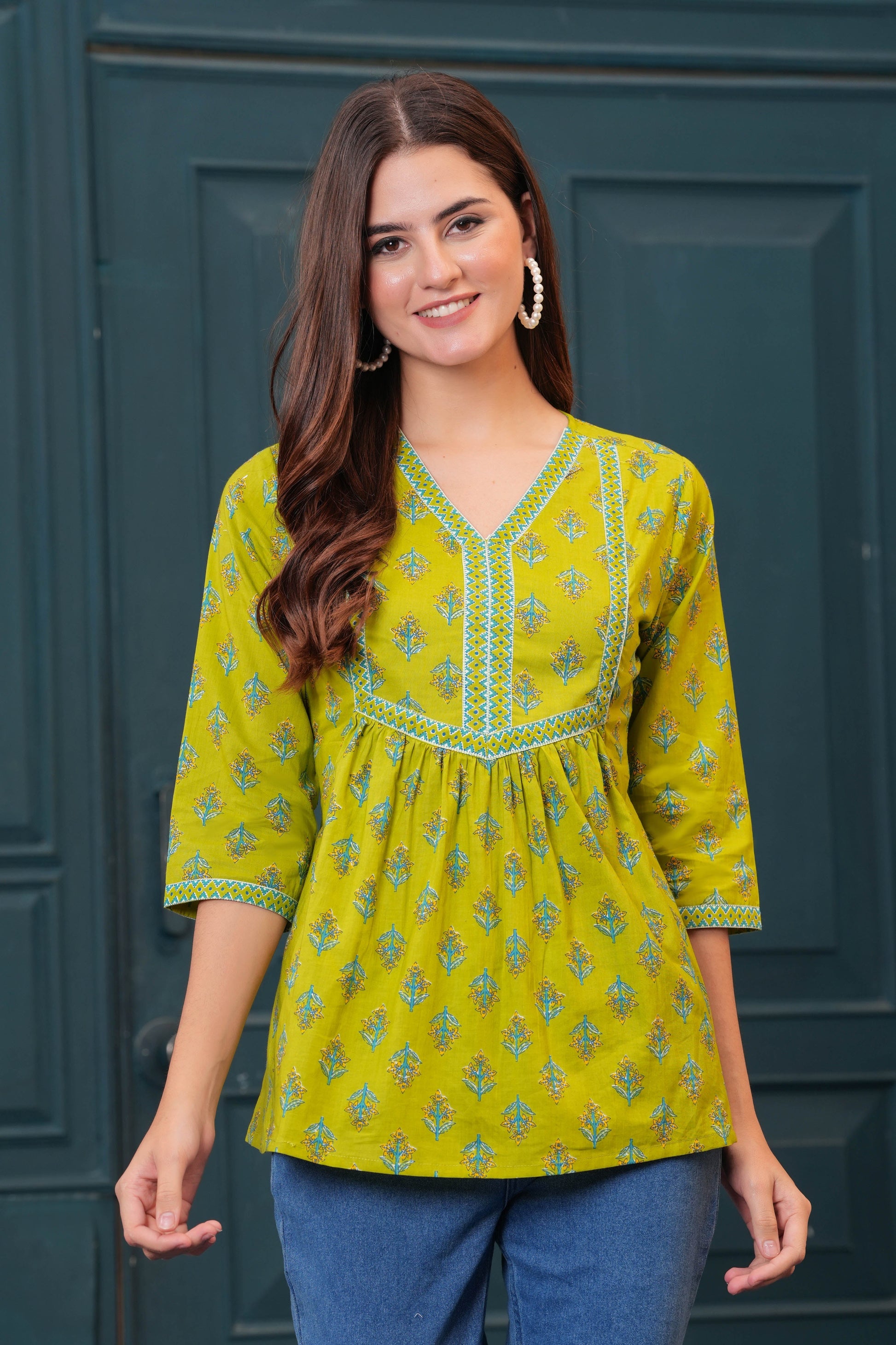 Women Green Printed Flared Top | LASVINI - Redefining Indian Fashion with Elegance