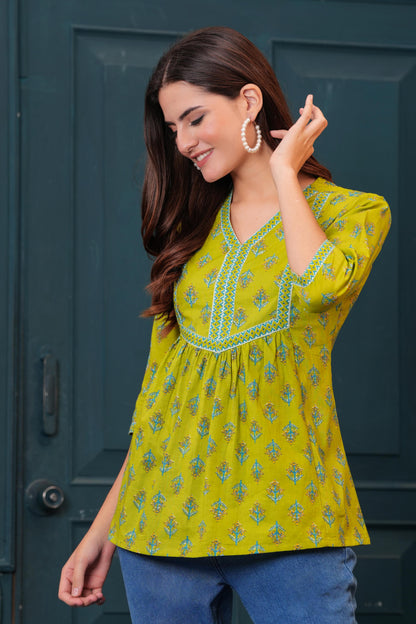 Women Green Printed Flared Top | LASVINI - Redefining Indian Fashion with Elegance