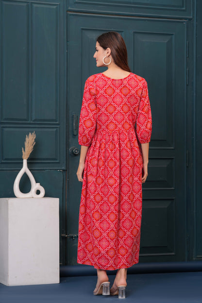 Red Bandhani Printed Flared Dress for Women | LASVINI - Redefining Indian Fashion with Elegance