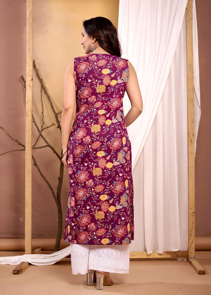 Burgundy Floral Printed Straight Sleeveless Kurta for Women | LASVINI - Redefining Indian Fashion with Elegance