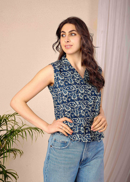 Women Blue Printed Straight Top | LASVINI - Redefining Indian Fashion with Elegance