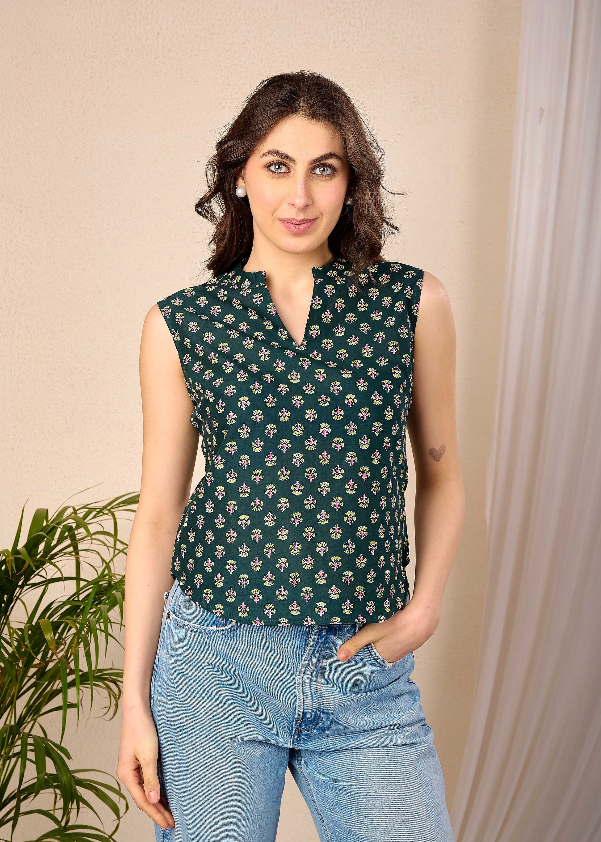 Women Green Printed Straight Top | LASVINI - Redefining Indian Fashion with Elegance