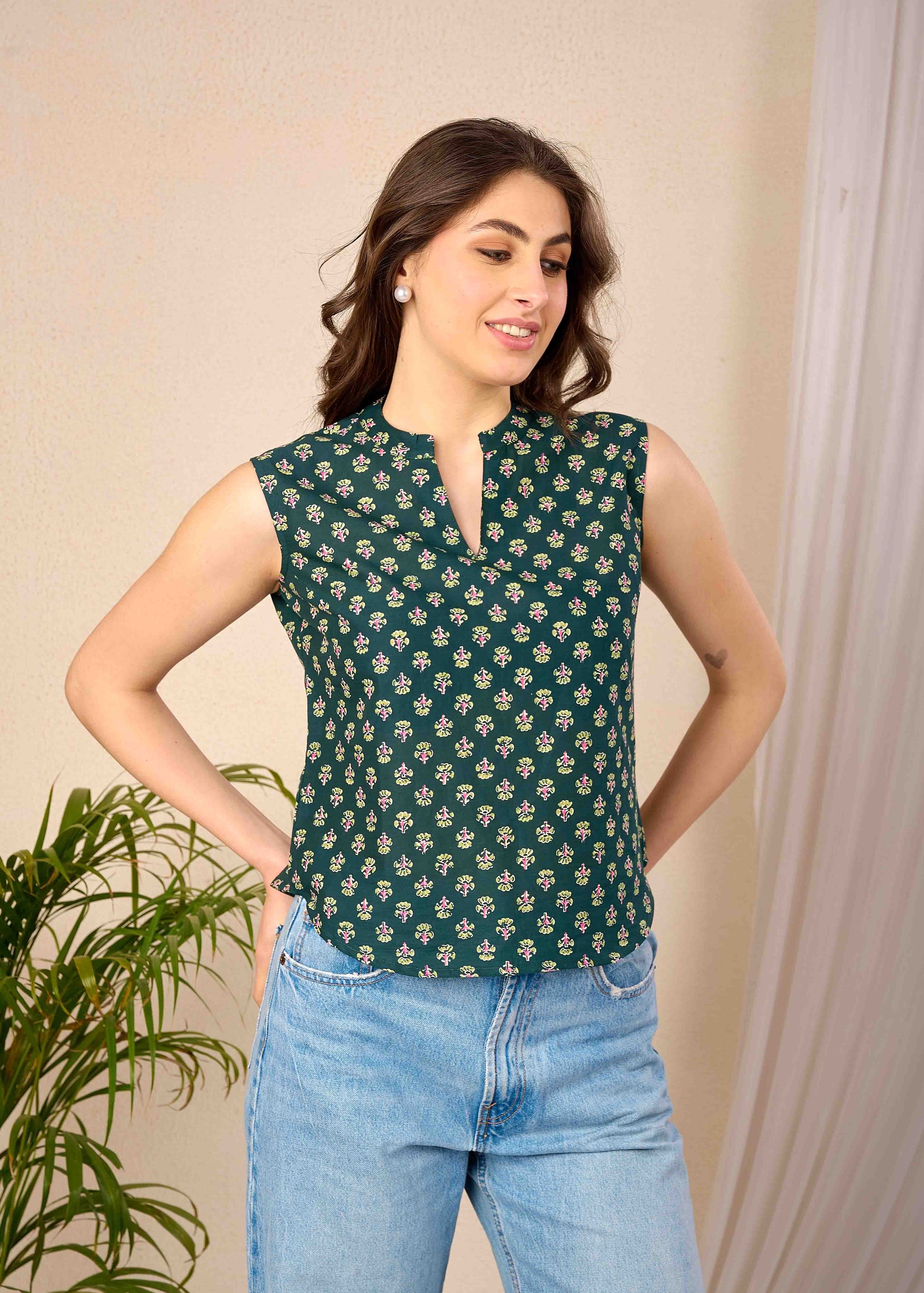 Women Green Printed Straight Top | LASVINI - Redefining Indian Fashion with Elegance