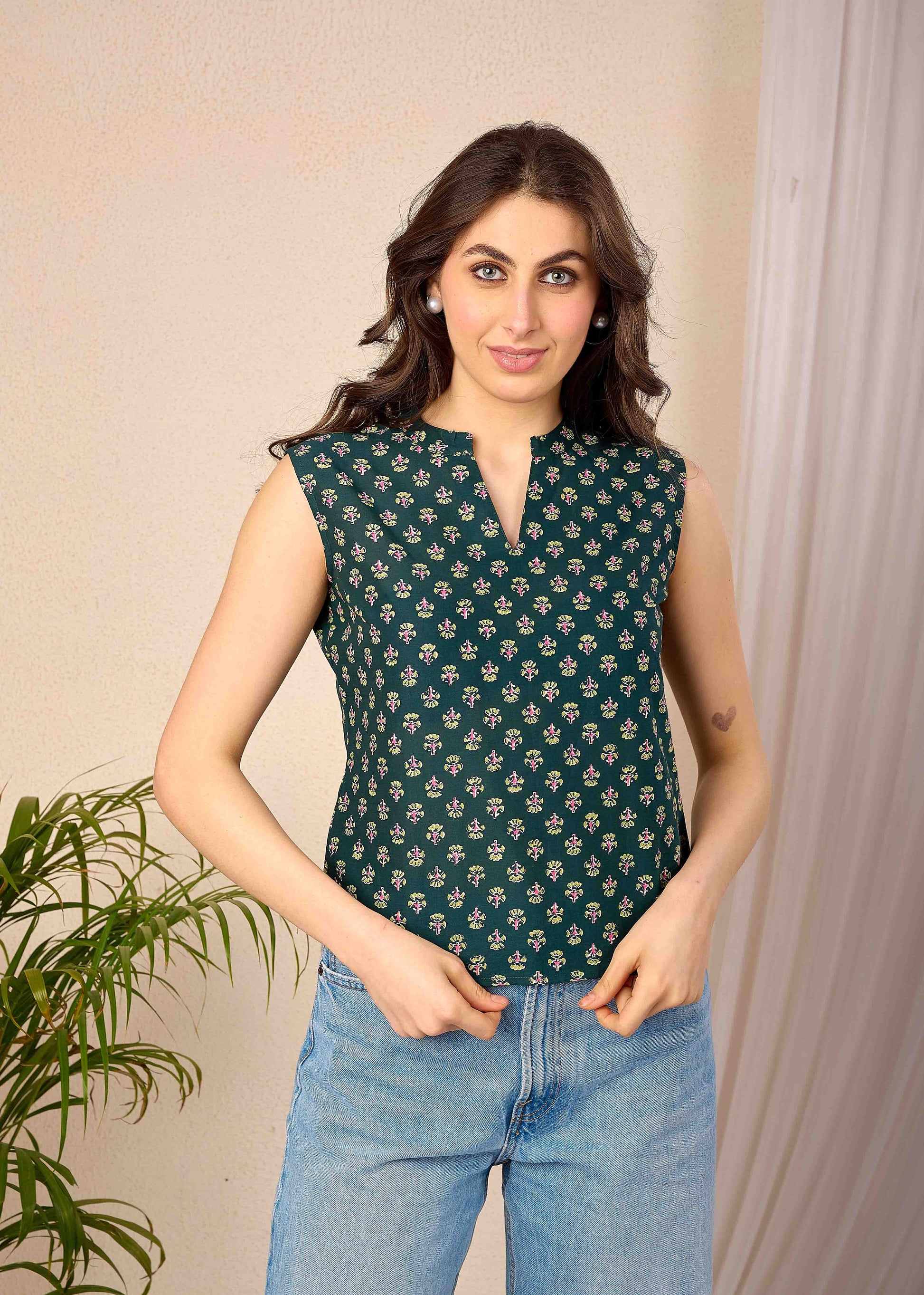 Women Green Printed Straight Top | LASVINI - Redefining Indian Fashion with Elegance