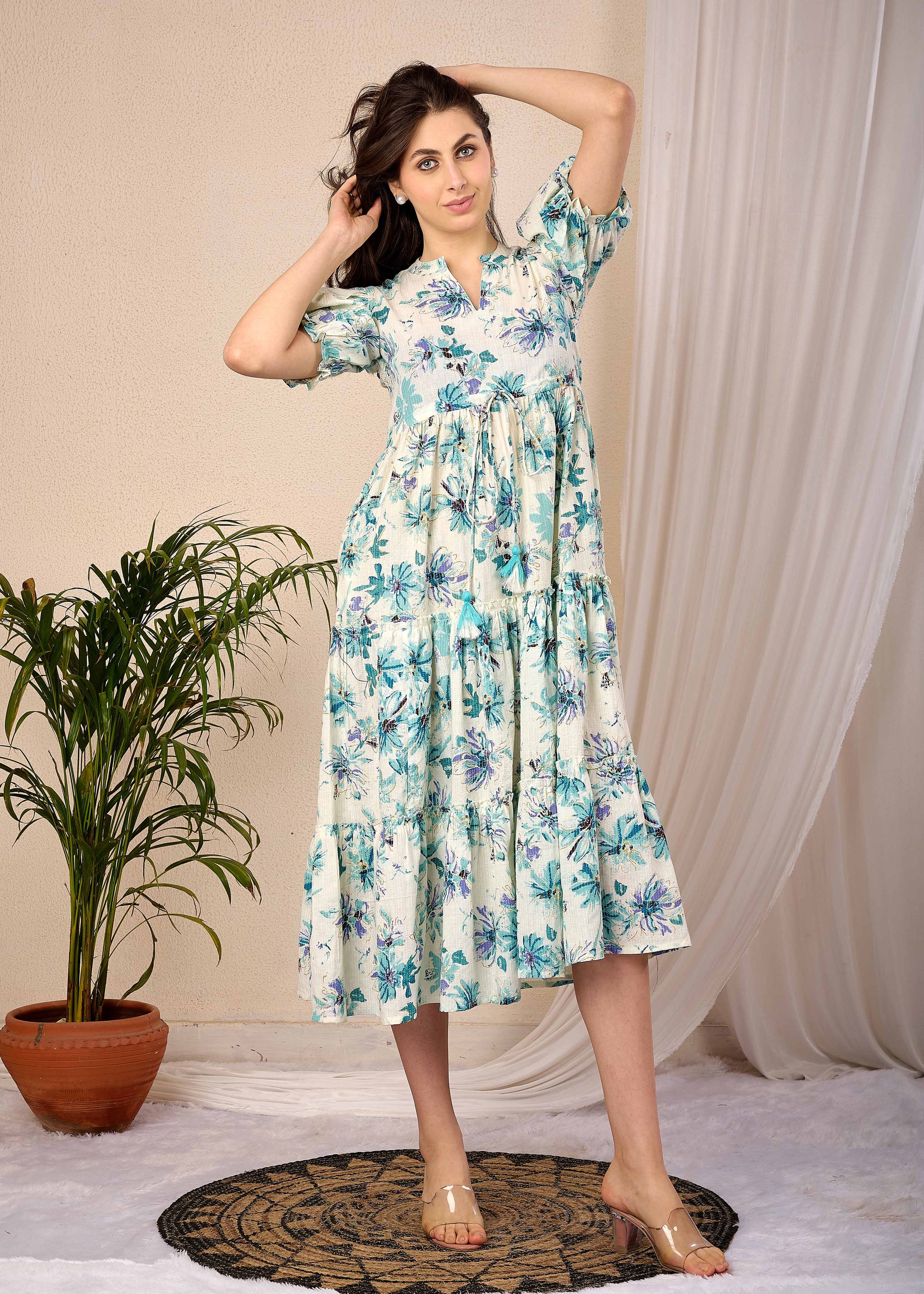 Off White Floral Printed Flared Dress for Women | LASVINI - Redefining Indian Fashion with Elegance