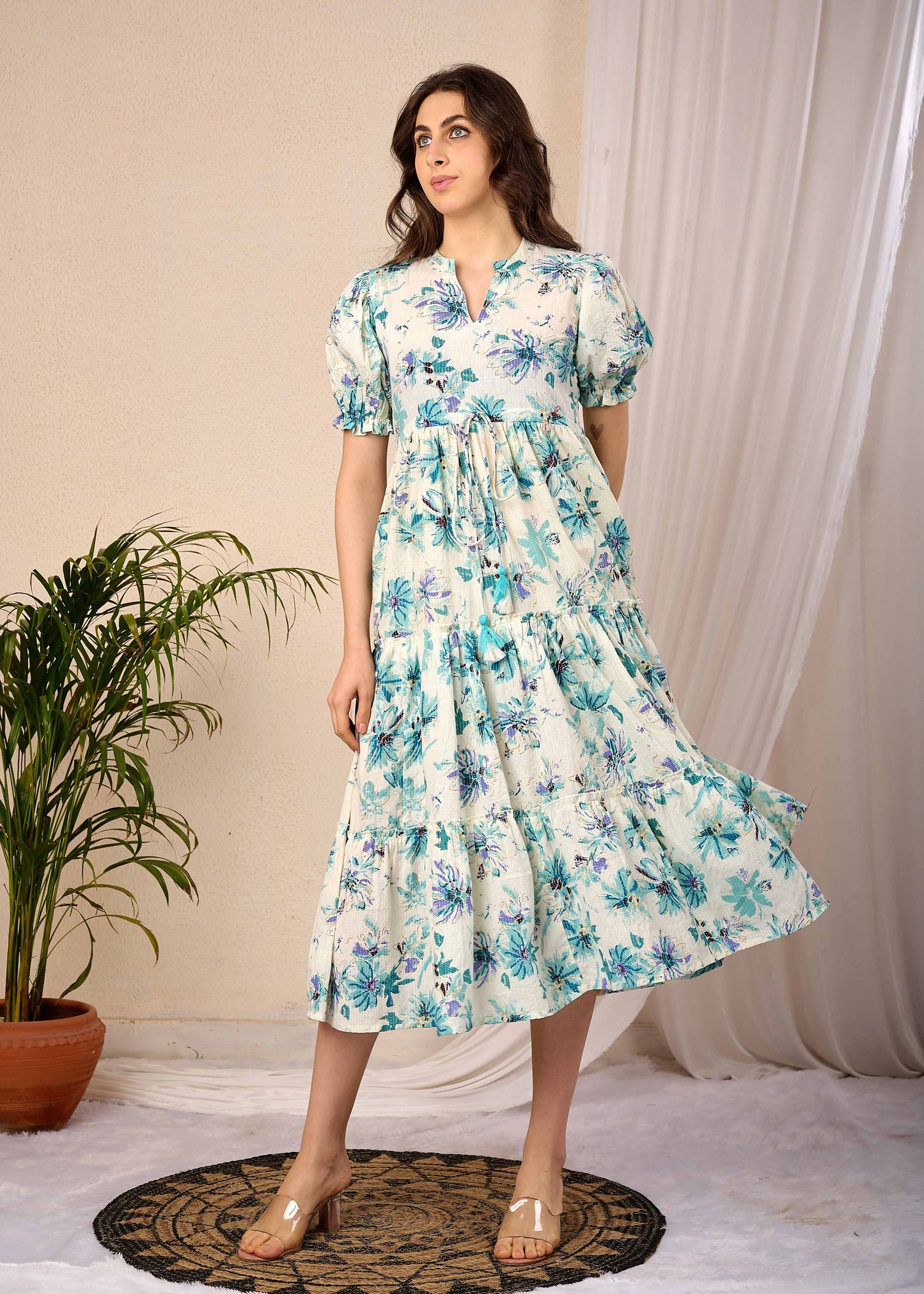 Off White Floral Printed Flared Dress for Women | LASVINI - Redefining Indian Fashion with Elegance