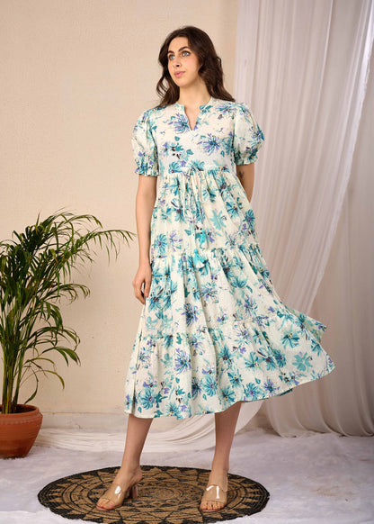 Off White Floral Printed Flared Dress for Women | LASVINI - Redefining Indian Fashion with Elegance