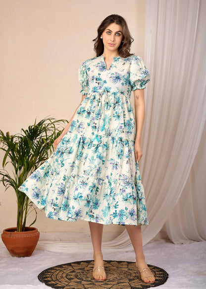 Off White Floral Printed Flared Dress for Women | LASVINI - Redefining Indian Fashion with Elegance